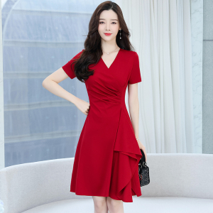 RM13221#夏季新款连衣裙v领裙子收腰显瘦气质短袖赫本风红裙子女