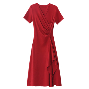 RM13221#夏季新款连衣裙v领裙子收腰显瘦气质短袖赫本风红裙子女