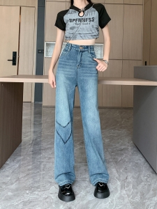 RM11561#复古刺绣直筒裤子女夏季新款高腰显瘦宽松阔腿裤牛仔裤