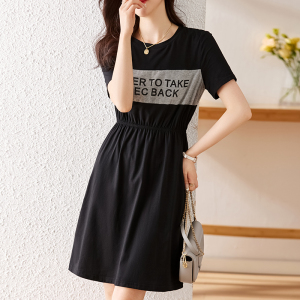 RM11835#夏季针织休闲字母印花拼接撞色减龄显瘦T恤连衣裙