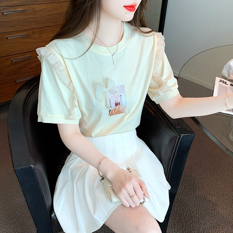 法式荷葉邊泡泡袖上衣女2026夏季新款設計感小眾方領短袖t