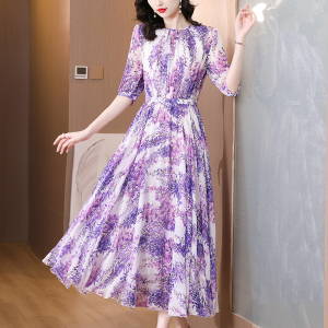 RM12809#真丝连衣裙夏季2023新款气质优雅桑蚕丝法式裙温柔风紫色碎花长裙
