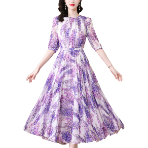 RM12809#真丝连衣裙夏季2023新款气质优雅桑蚕丝法式裙温柔风紫色碎花长裙