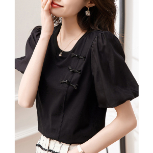 TR42402# 德玛纳中国风短袖T恤女夏季新款黑色泡泡袖设计感小众上衣 服装批发女装批发服饰货源