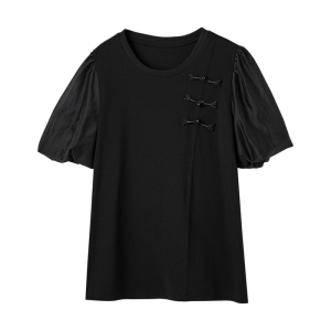 TR42402# 德玛纳中国风短袖T恤女夏季新款黑色泡泡袖设计感小众上衣 服装批发女装批发服饰货源