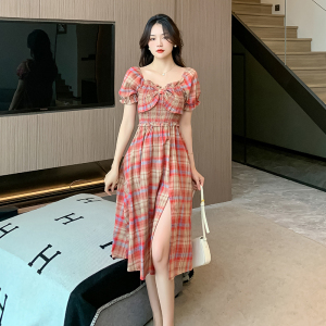 TR37168# 洋气v领短袖褶皱连衣裙女夏季新款韩版收腰显瘦蝴蝶结裙子 服装批发女装批发服饰货源