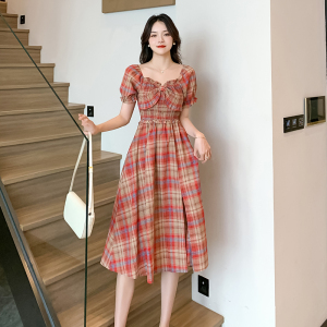 TR37168# 洋气v领短袖褶皱连衣裙女夏季新款韩版收腰显瘦蝴蝶结裙子 服装批发女装批发服饰货源
