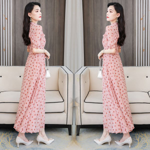 RM19154#雪纺印花女连衣裙长款大摆加长裙高档沙滩长裙女