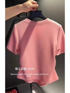 RM11929#新款高级感超好看上衣垂感粉色正肩短袖t恤女夏季设计感小众