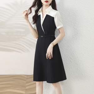 RM15961#夏季新款经典黑白撞色裙子简约百搭优雅假两件连衣裙女