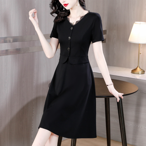 RM15962#夏款新款法式气质大码黑色修身高档时尚洋气拼接赫本裙子