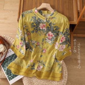RM12370#夏季个性设计薄款开衫印花衬衣宽松复古棉麻禅意拼接上衣