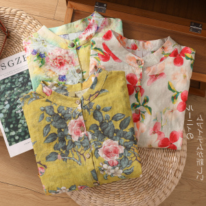 RM12370#夏季个性设计薄款开衫印花衬衣宽松复古棉麻禅意拼接上衣