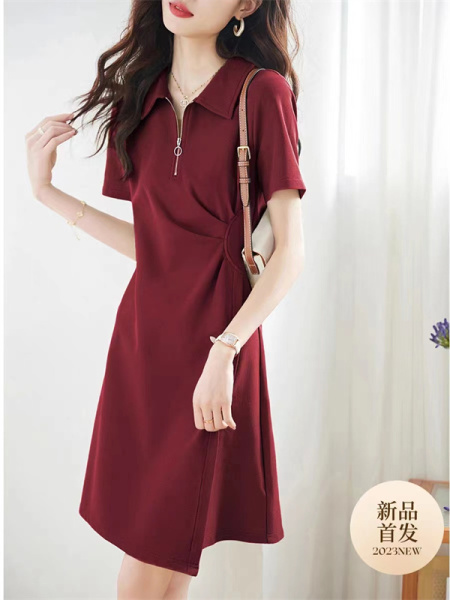 RM12741#简约气质裙子2023夏季新款翻领短袖压褶显瘦设计连衣裙女