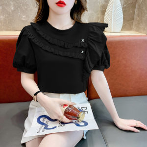 RM16021#潮牌高档气质t恤女装2023年新款韩版夏季纯色荷叶连泡泡短袖上衣