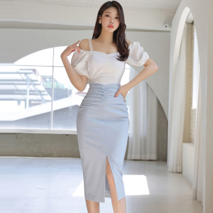 TR30672# 新款两件套夏季韩版修身小上衣时尚收腰开叉包臀裙套装