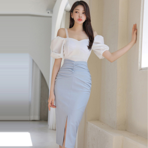 TR30672# 新款两件套夏季韩版修身小上衣时尚收腰开叉包臀裙套装