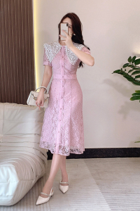 TR42231# -新款法式轻奢气质重工钉珠粉色蕾丝连衣裙 服装批发女装批发服饰货源