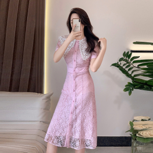 RM12469#新款法式轻奢气质重工钉珠粉色蕾丝连衣裙