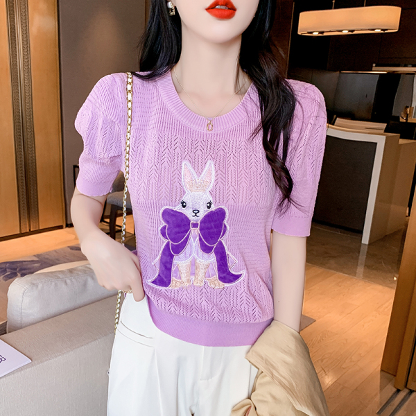 RM15877#韩系甜美设计刺绣卡通创意兔兔针织衫女夏季薄款显瘦百搭绝美上