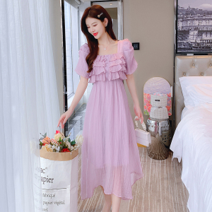 RM18329#茶歇法式初恋v领紫色连衣裙2023高级感气质收腰度假沙滩长裙