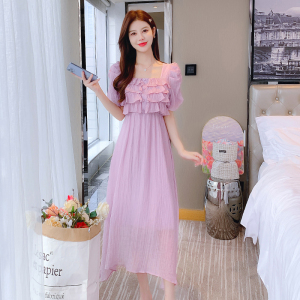 RM18329#茶歇法式初恋v领紫色连衣裙2023高级感气质收腰度假沙滩长裙