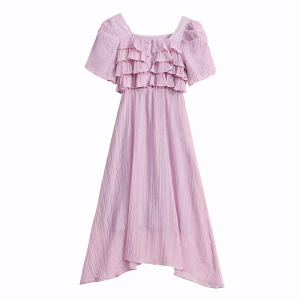 RM18329#茶歇法式初恋v领紫色连衣裙2023高级感气质收腰度假沙滩长裙