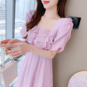 RM18329#茶歇法式初恋v领紫色连衣裙2023高级感气质收腰度假沙滩长裙