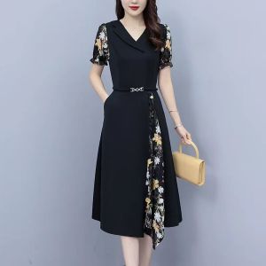 RM15757#夏季新款短袖大码遮肚网纱拼接中长款气质减龄连衣裙