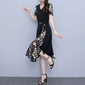 RM15757#夏季新款短袖大码遮肚网纱拼接中长款气质减龄连衣裙