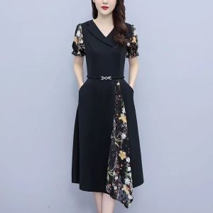 RM15757#夏季新款短袖大码遮肚网纱拼接中长款气质减龄连衣裙