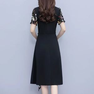 RM15757#夏季新款短袖大码遮肚网纱拼接中长款气质减龄连衣裙