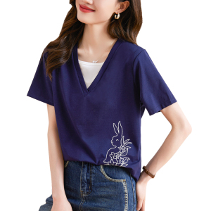 TR34906# 撞色兔子印花上衣夏季新款时尚休闲设计感舒适T恤女