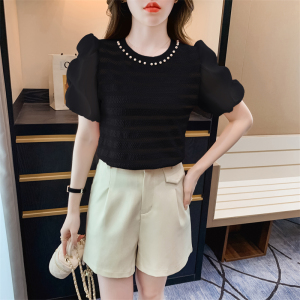 RM15333#新款圆领钉珠泡泡袖短款衬衫女短袖t恤洋气小衫上衣