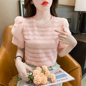RM15333#新款圆领钉珠泡泡袖短款衬衫女短袖t恤洋气小衫上衣