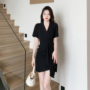 RM11850#夏季新款设计感小众西装领不规则连衣裙女气质高级褶皱飘带裙