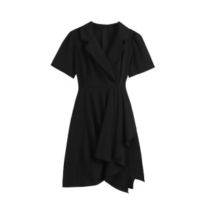 RM11850#夏季新款设计感小众西装领不规则连衣裙女气质高级褶皱飘带裙
