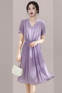 RM12826#气质女神 法式v领百褶连衣裙女夏季蓝色高级感短袖衬衫裙子