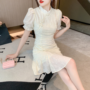 RM13108#夏季新款改良旗袍甜美小清新收腰褶皱鱼尾摆绣花连衣裙