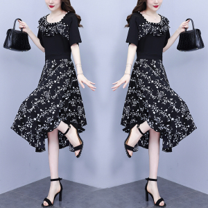 RM13012#大码女装2023夏季新款韩版花色拼接气质显瘦遮肚减龄连衣裙