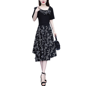 RM13012#大码女装2023夏季新款韩版花色拼接气质显瘦遮肚减龄连衣裙