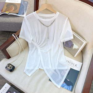RM20858#夏季新款胖mm时尚百搭显瘦链条亮片折皱T恤短袖上衣潮