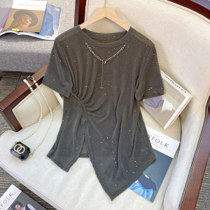 RM20858#夏季新款胖mm时尚百搭显瘦链条亮片折皱T恤短袖上衣潮