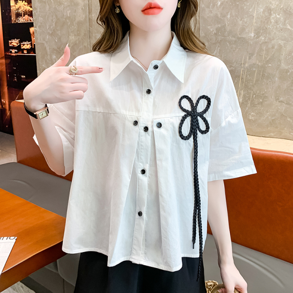 RM14177#日系花朵白色短袖衬衫女夏设计感小众法式别致Polo衫短上衣...