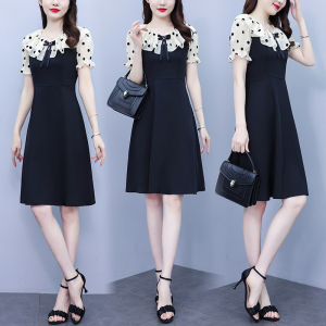 RM16591#夏季新款法式高级感娃娃领气质连衣裙女波点拼接小黑裙