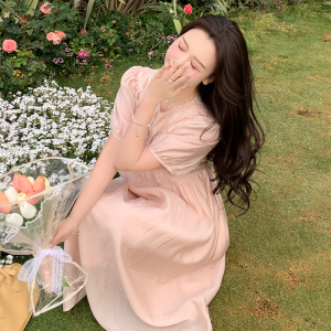 RM15701#气质泡泡袖收腰褶皱连衣裙女夏纯色显瘦温柔法式长裙