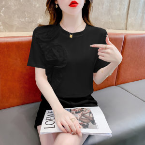 RM16020#重工立体花朵T恤女2023夏季韩版宽松显瘦时尚个性拼接木耳边上衣