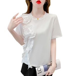 RM16020#重工立体花朵T恤女2023夏季韩版宽松显瘦时尚个性拼接木耳边上衣