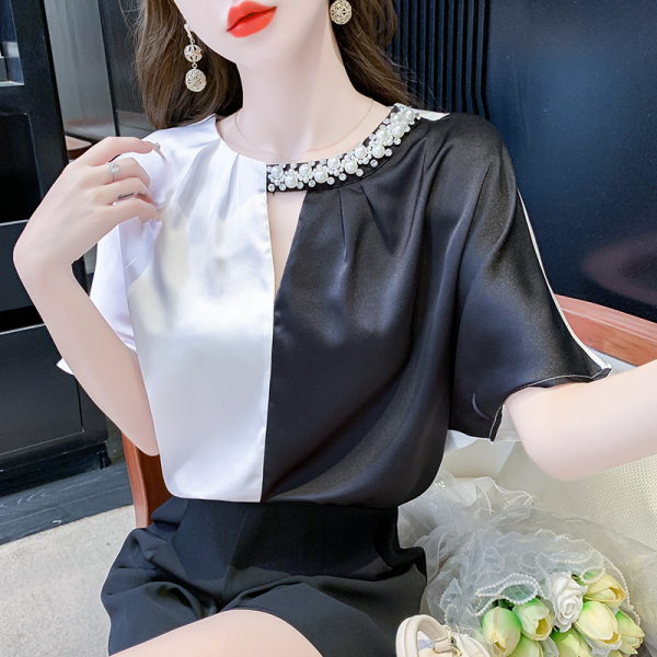 RM16349#短袖夏季女装重钉珍珠V领上衣衬衫修身显瘦拼色镂空百搭