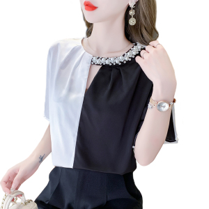 RM16349#短袖夏季女装重钉珍珠V领上衣衬衫修身显瘦拼色镂空百搭